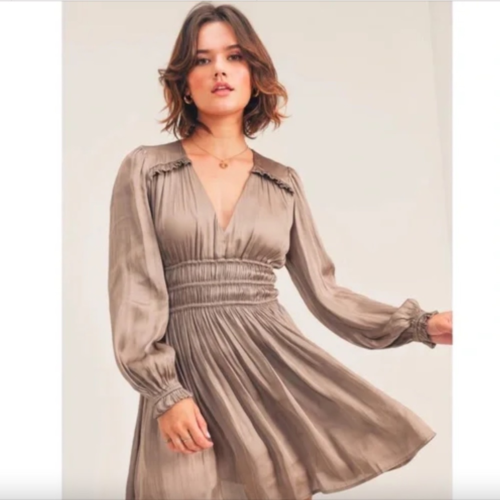 Reset by Jane Dress Anna Long Sleeve Mocha Beige Mini Dress